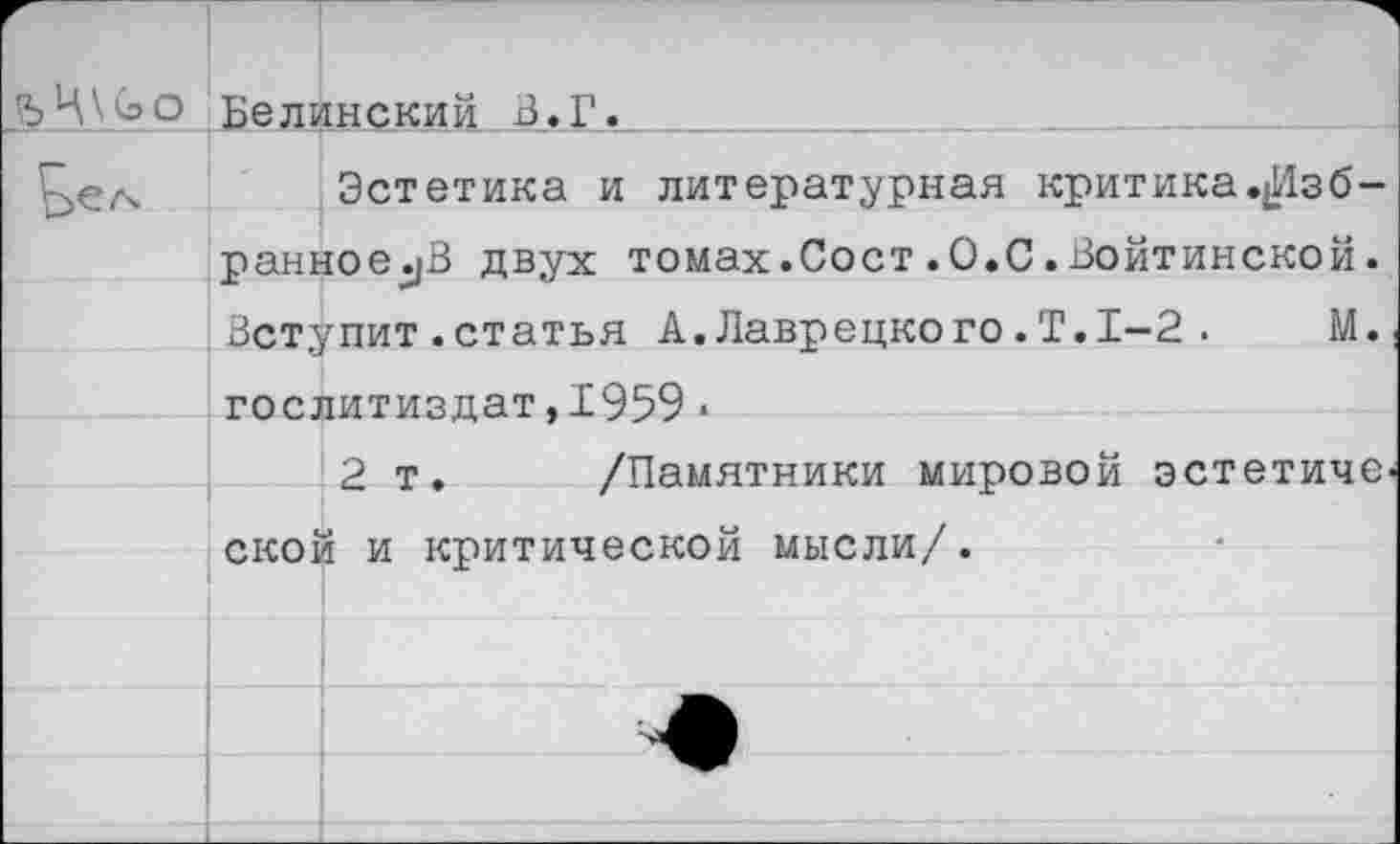 ﻿	Белинский В. Г.	
пел		Эстетика и литературная критика.Лзб-
	панное.|В двух томах.Сост .О.С.Войтинской.	
	Вступит.статья А.Лаврецкого.Т.1-2 .	М.	
	гпг.питияпат. 1959 .	
		2т.	/Памятники мировой эстетиче
	СК01	1 и критической мысли/.
		
		^1^^
		